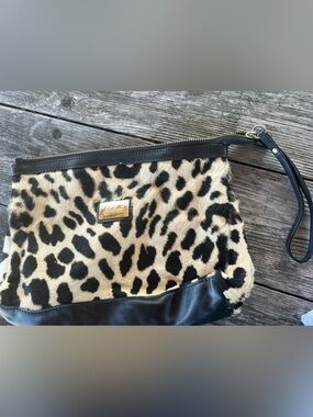 CAVALCANTI Leopard Haircalf Wristlet Clutch - Black & Tan GOOD COND. ITALY